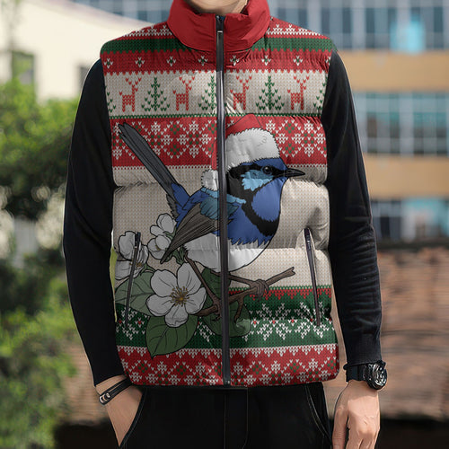 Aussie Fairy-wren Christmas Sleeveless Puffer Jacket Festive Knitted Pattern Inspired