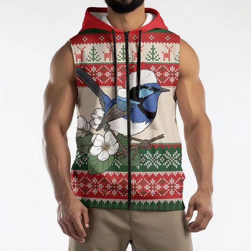 Aussie Fairy-wren Christmas Sleeveless Zip Hoodie Festive Knitted Pattern Inspired