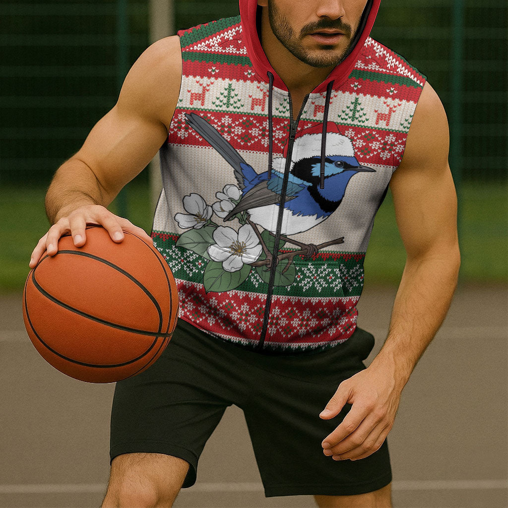 Aussie Fairy-wren Christmas Sleeveless Zip Hoodie Festive Knitted Pattern Inspired