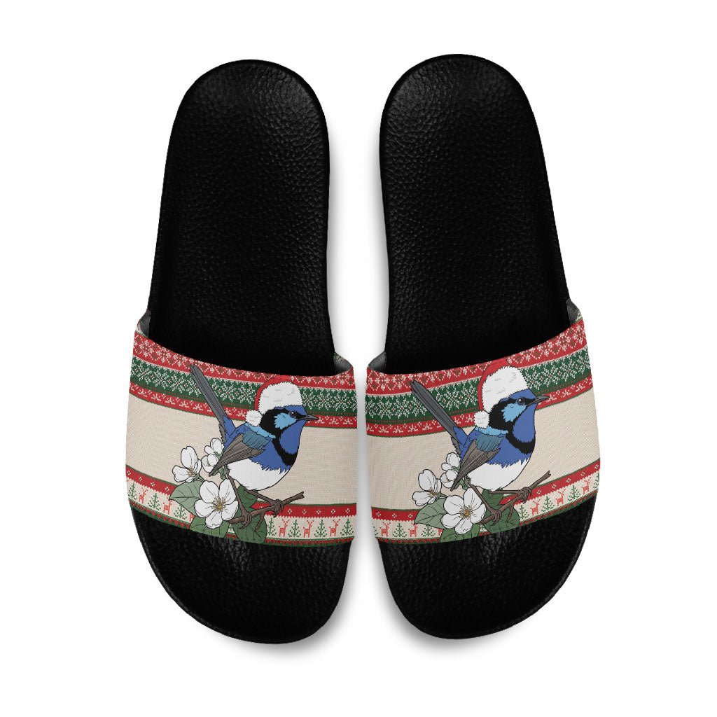 Aussie Fairy-wren Christmas Slide Sandals Festive Knitted Pattern Inspired