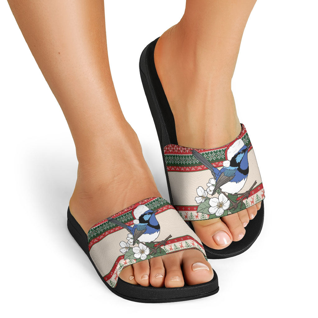 Aussie Fairy-wren Christmas Slide Sandals Festive Knitted Pattern Inspired