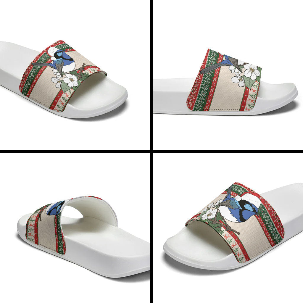Aussie Fairy-wren Christmas Slide Sandals Festive Knitted Pattern Inspired