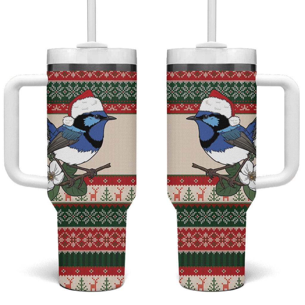 Aussie Fairy-wren Christmas Tumbler With Handle Festive Knitted Pattern Inspired