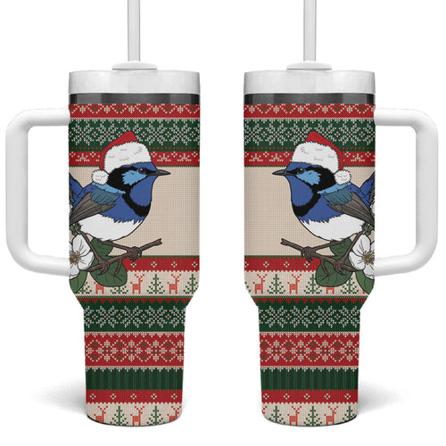 Aussie Fairy-wren Christmas Tumbler With Handle Festive Knitted Pattern Inspired