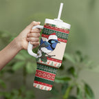 Aussie Fairy-wren Christmas Tumbler With Handle Festive Knitted Pattern Inspired
