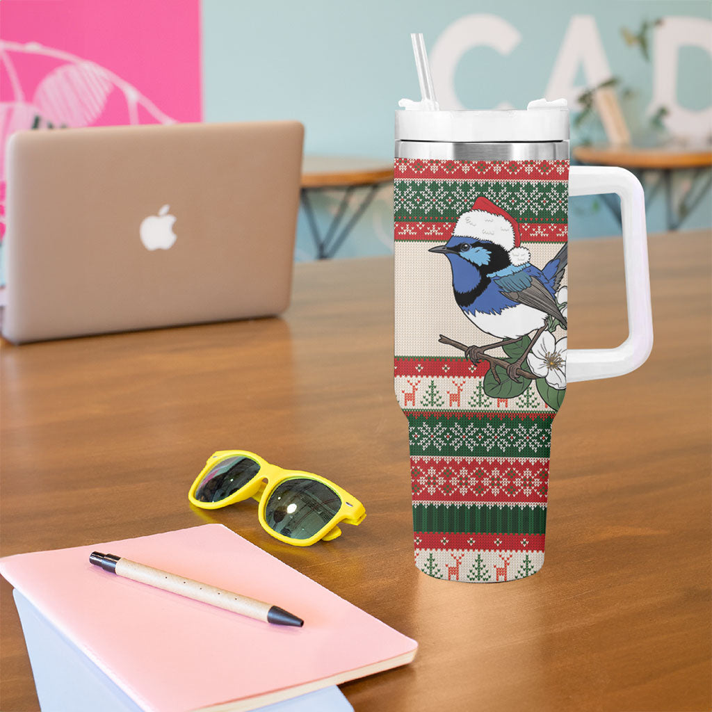 Aussie Fairy-wren Christmas Tumbler With Handle Festive Knitted Pattern Inspired