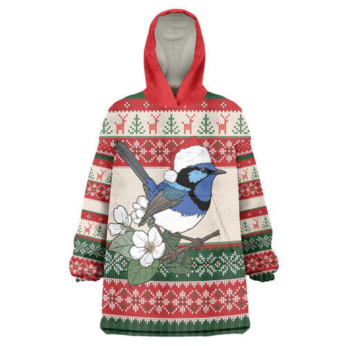 Aussie Fairy-wren Christmas Wearable Blanket Hoodie Festive Knitted Pattern Inspired