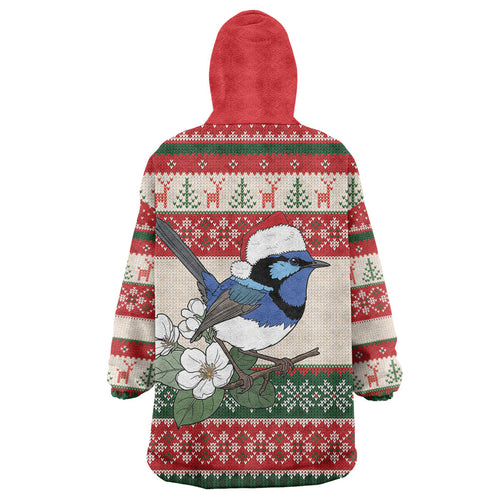 Aussie Fairy-wren Christmas Wearable Blanket Hoodie Festive Knitted Pattern Inspired
