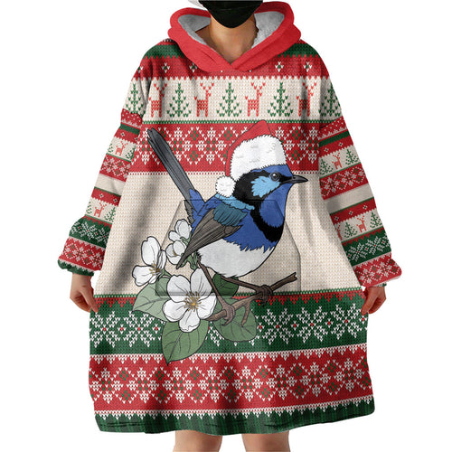 Aussie Fairy-wren Christmas Wearable Blanket Hoodie Festive Knitted Pattern Inspired