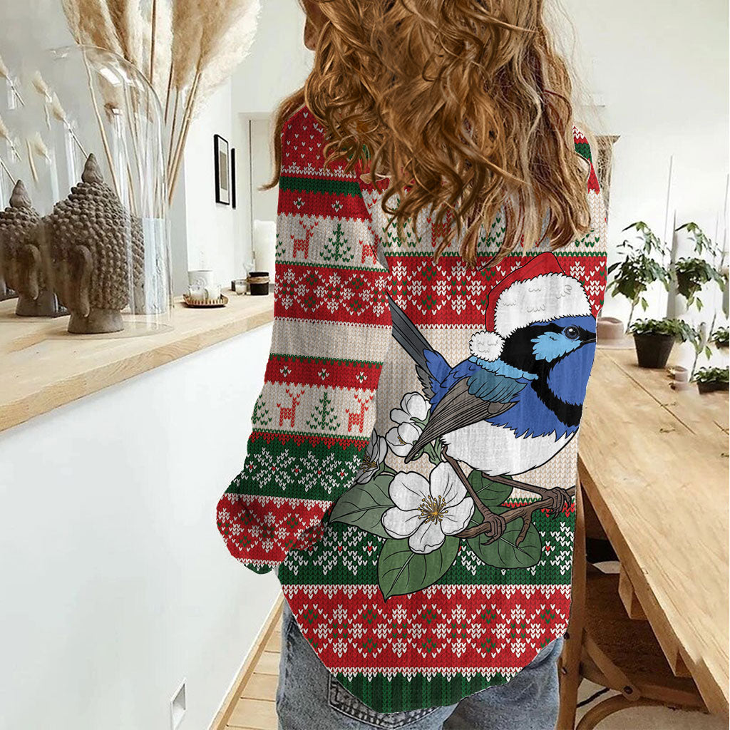 Aussie Fairy-wren Christmas Women Casual Shirt Festive Knitted Pattern Inspired