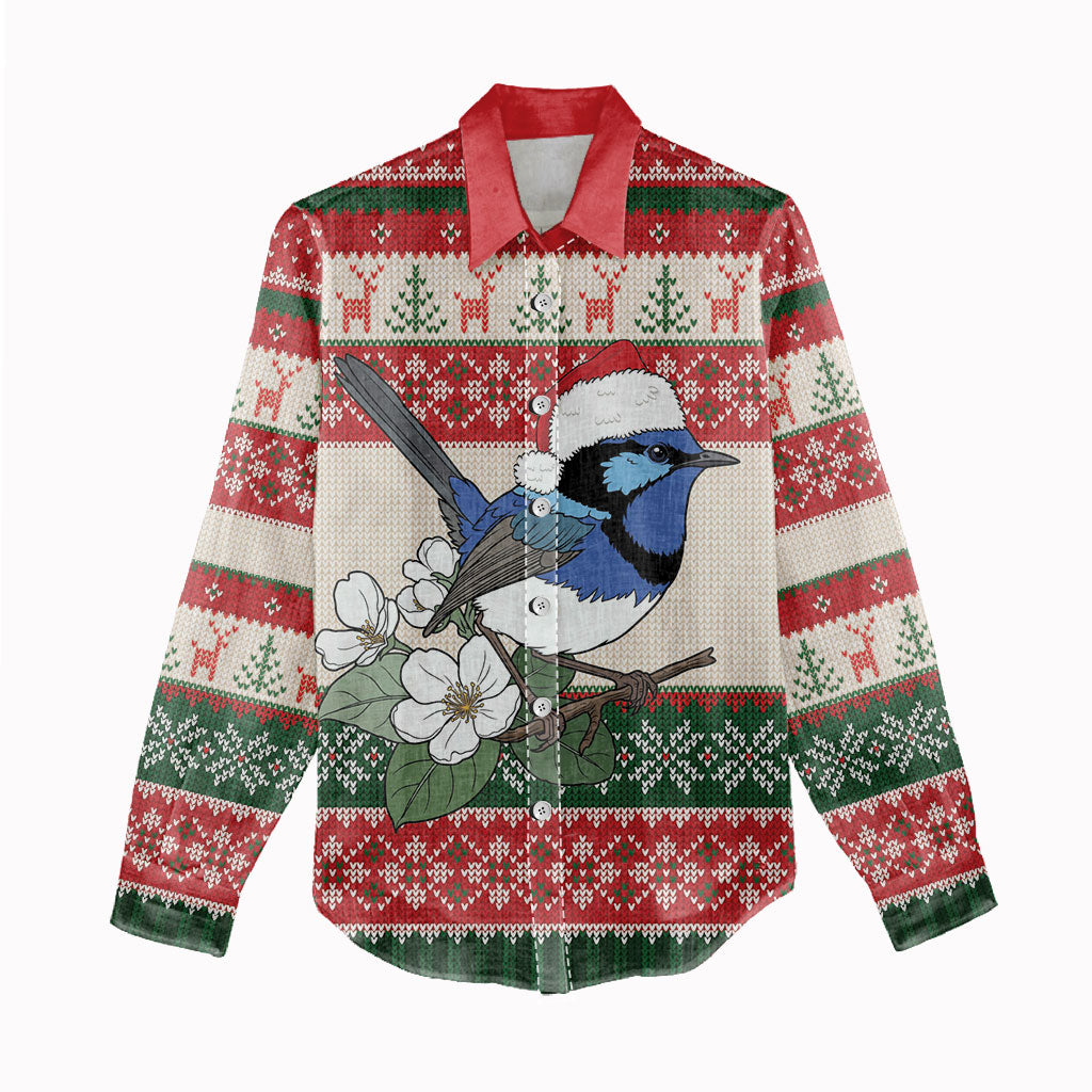 Aussie Fairy-wren Christmas Women Casual Shirt Festive Knitted Pattern Inspired
