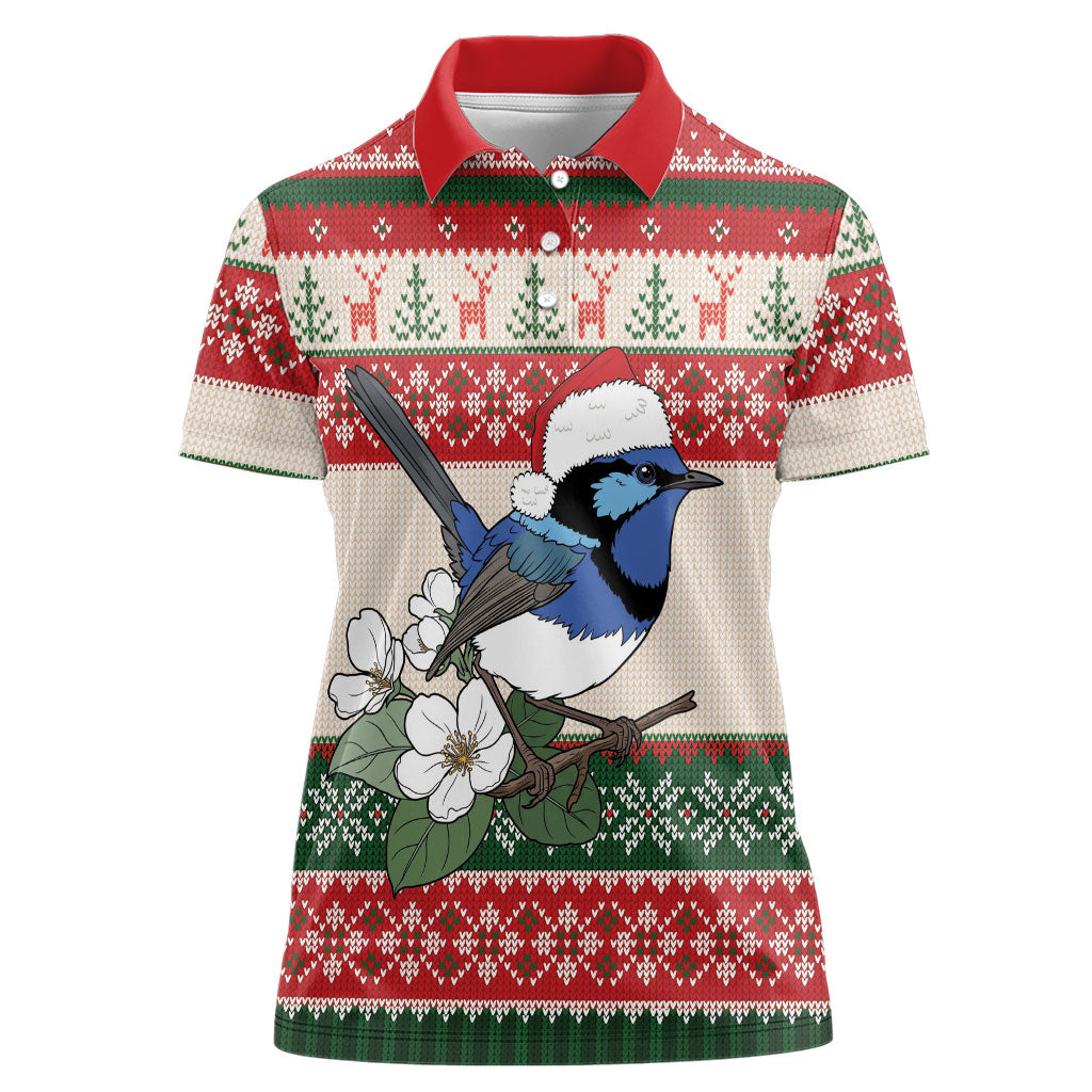 Aussie Fairy-wren Christmas Women Polo Shirt Festive Knitted Pattern Inspired