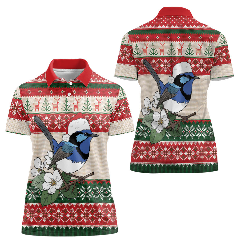 Aussie Fairy-wren Christmas Women Polo Shirt Festive Knitted Pattern Inspired