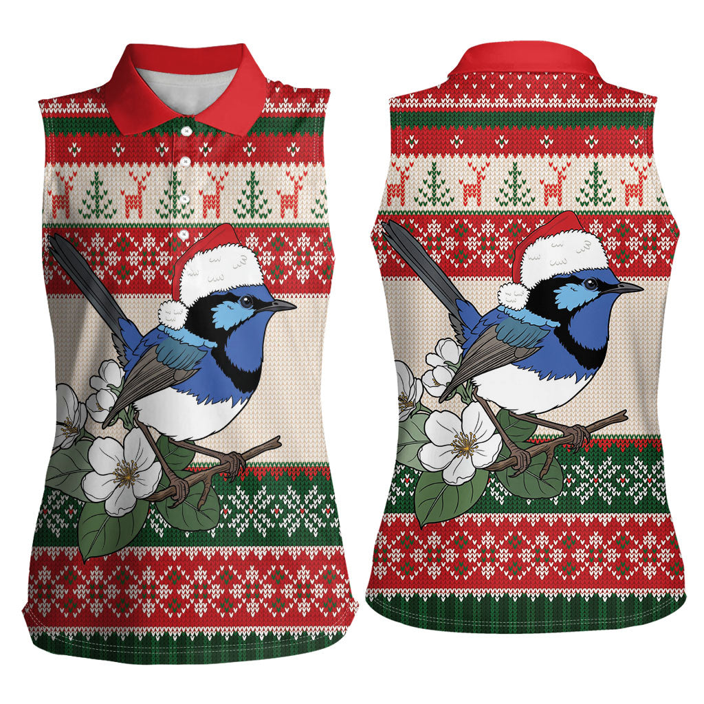 Aussie Fairy-wren Christmas Women Sleeveless Polo Shirt Festive Knitted Pattern Inspired