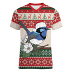 Aussie Fairy-wren Christmas Women V-Neck T-Shirt Festive Knitted Pattern Inspired