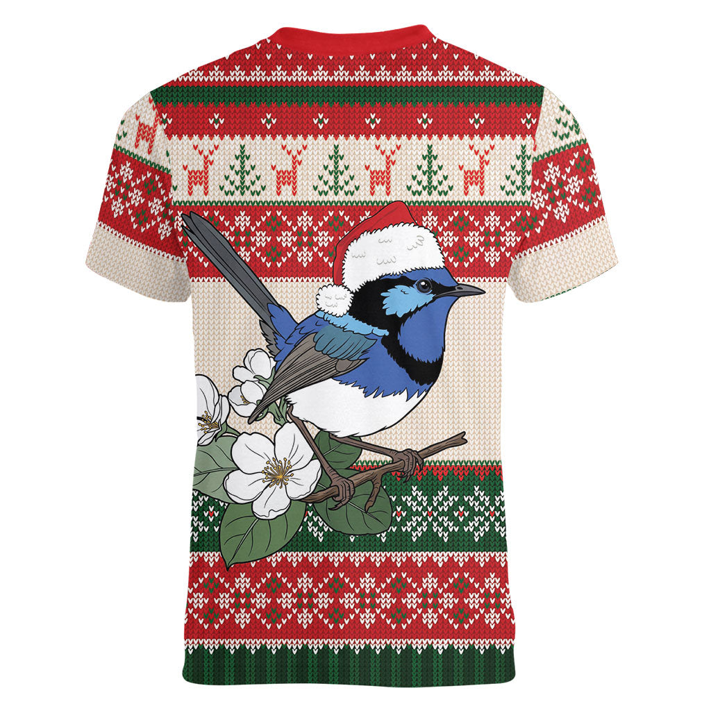 Aussie Fairy-wren Christmas Women V-Neck T-Shirt Festive Knitted Pattern Inspired