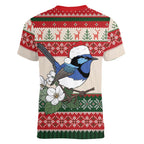 Aussie Fairy-wren Christmas Women V-Neck T-Shirt Festive Knitted Pattern Inspired