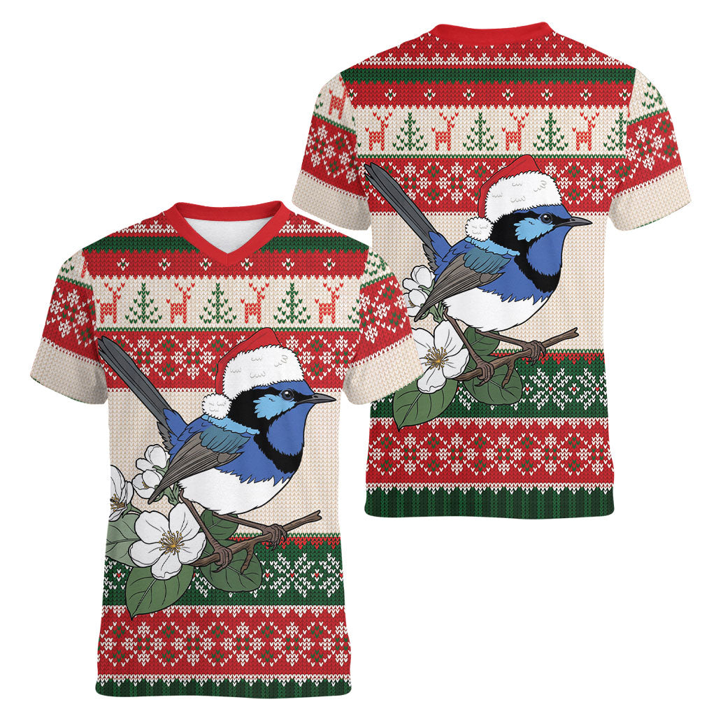 Aussie Fairy-wren Christmas Women V-Neck T-Shirt Festive Knitted Pattern Inspired