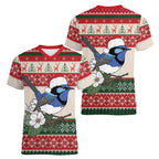 Aussie Fairy-wren Christmas Women V-Neck T-Shirt Festive Knitted Pattern Inspired