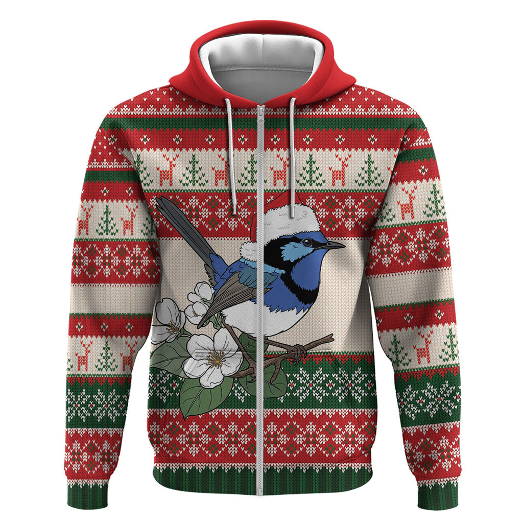 Aussie Fairy-wren Christmas Zip Hoodie Festive Knitted Pattern Inspired