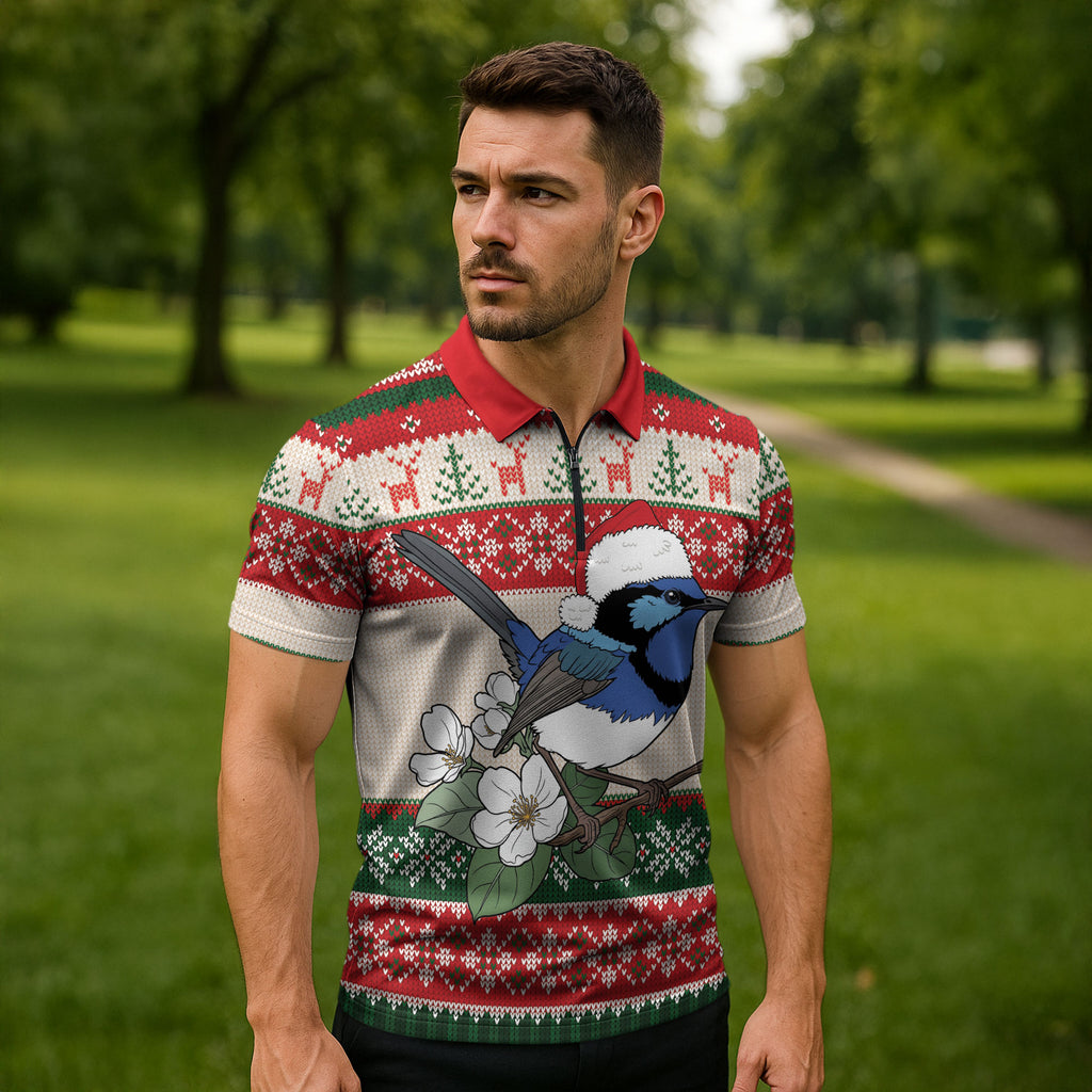 Aussie Fairy-wren Christmas Zipper Polo Shirt Festive Knitted Pattern Inspired