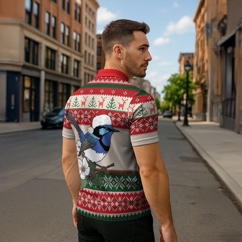 Aussie Fairy-wren Christmas Zipper Polo Shirt Festive Knitted Pattern Inspired