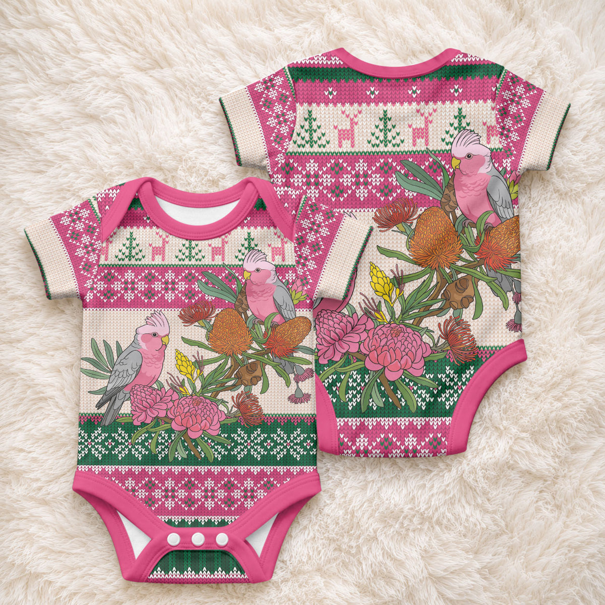 Aussie Galah Christmas Baby Onesie Festive Knitted Pattern Inspired