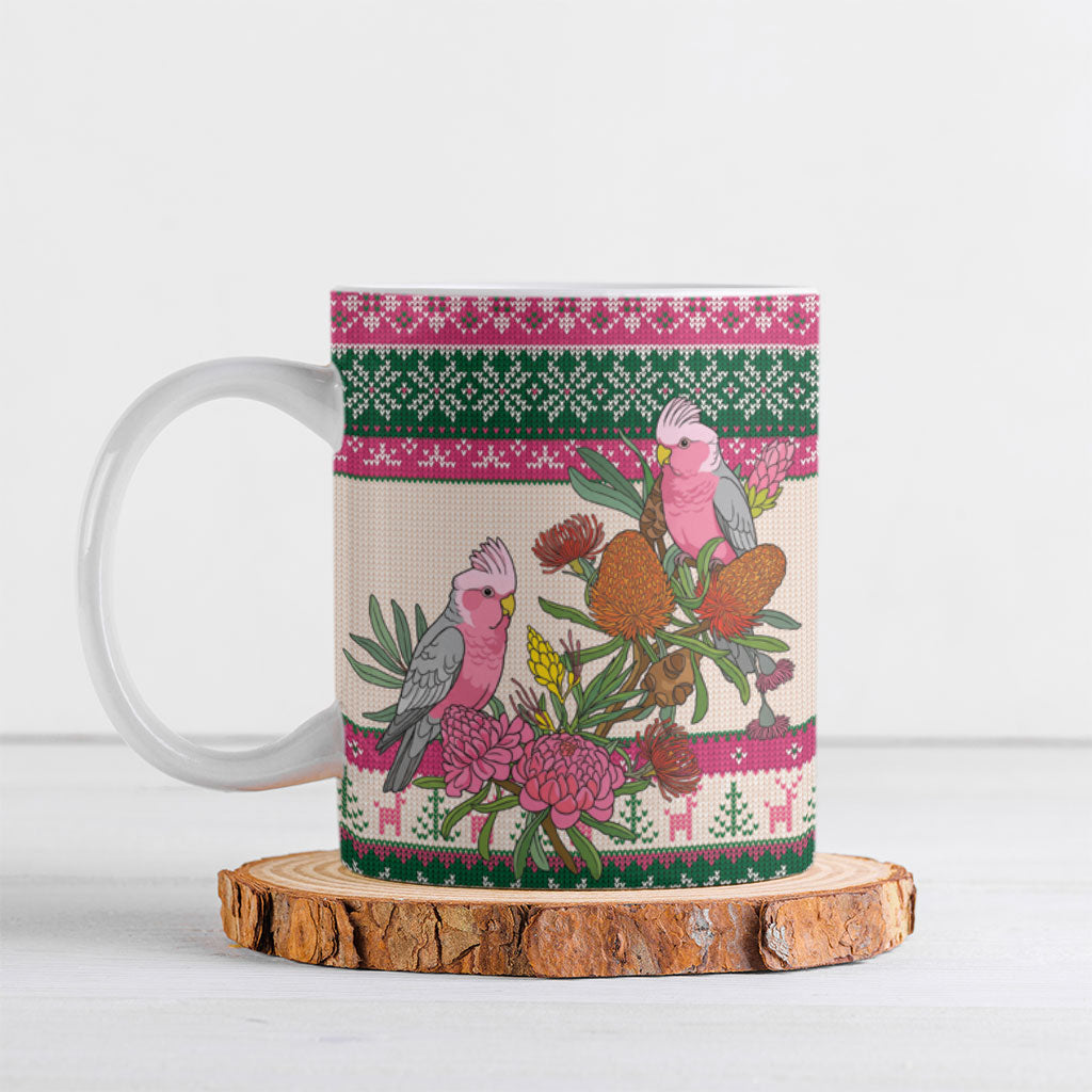 Aussie Galah Christmas Ceramic Mug Festive Knitted Pattern Inspired