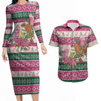 Aussie Galah Christmas Couples Matching Long Sleeve Bodycon Dress and Hawaiian Shirt Festive Knitted Pattern Inspired