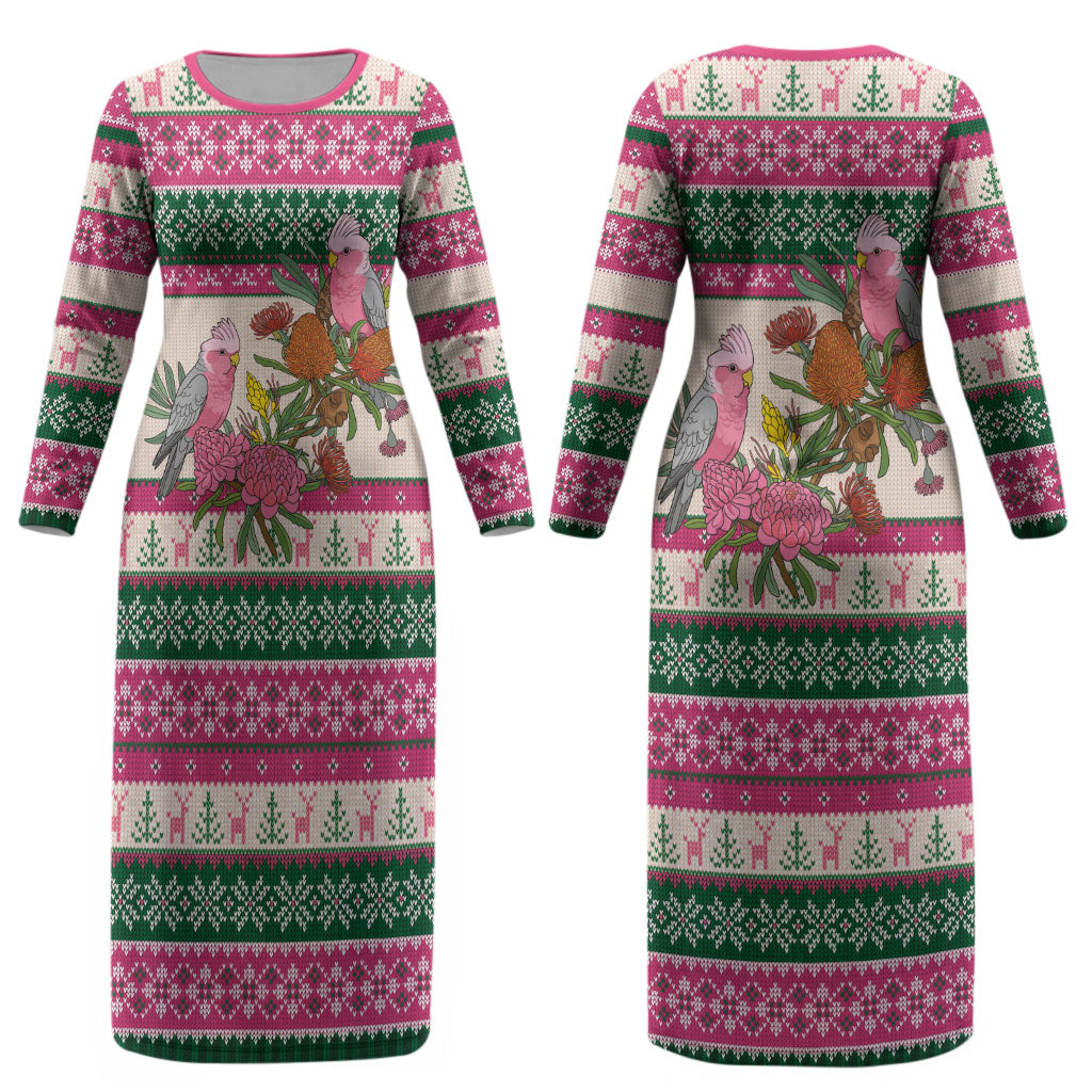 Aussie Galah Christmas Couples Matching Long Sleeve Bodycon Dress and Hawaiian Shirt Festive Knitted Pattern Inspired