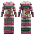 Aussie Galah Christmas Couples Matching Long Sleeve Bodycon Dress and Hawaiian Shirt Festive Knitted Pattern Inspired