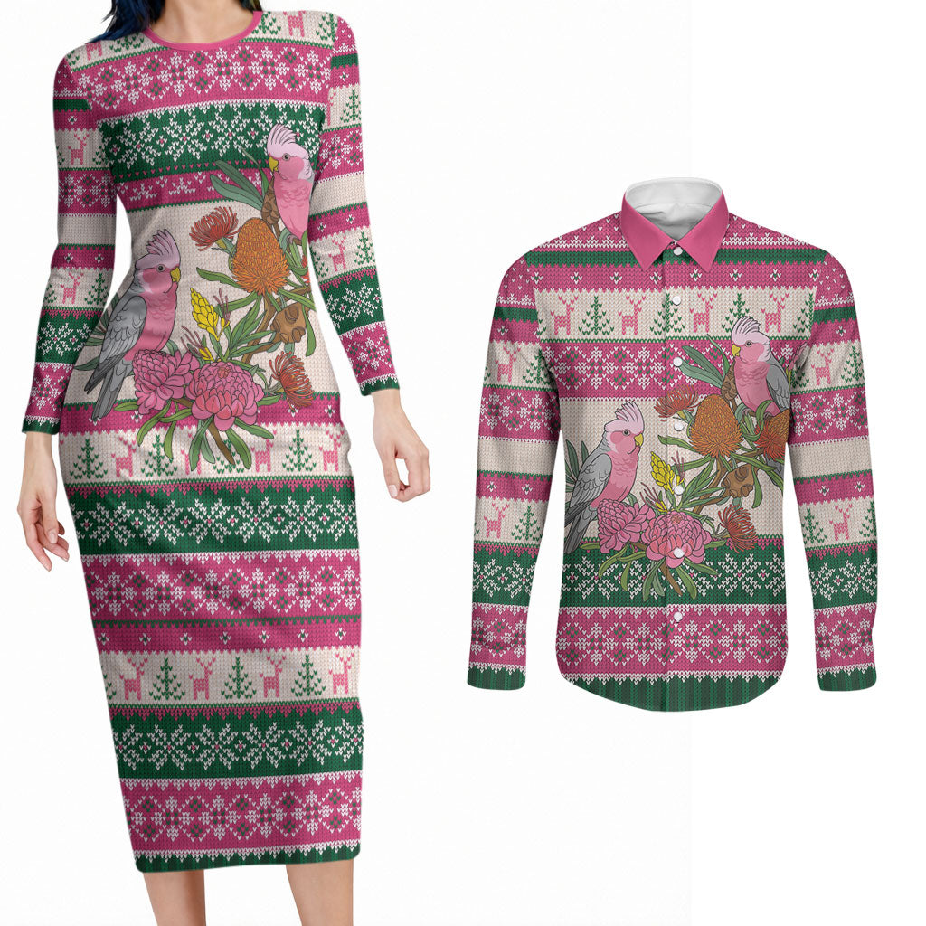 Aussie Galah Christmas Couples Matching Long Sleeve Bodycon Dress and Long Sleeve Button Shirt Festive Knitted Pattern Inspired