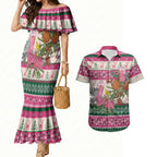 Aussie Galah Christmas Couples Matching Mermaid Dress and Hawaiian Shirt Festive Knitted Pattern Inspired