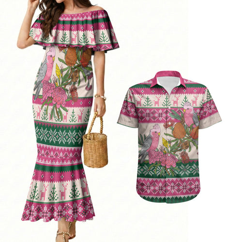 Aussie Galah Christmas Couples Matching Mermaid Dress and Hawaiian Shirt Festive Knitted Pattern Inspired