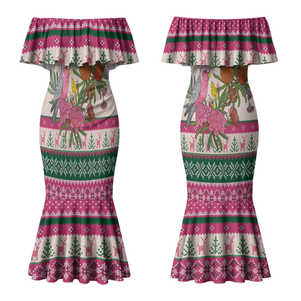 Aussie Galah Christmas Couples Matching Mermaid Dress and Hawaiian Shirt Festive Knitted Pattern Inspired