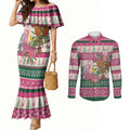 Aussie Galah Christmas Couples Matching Mermaid Dress and Long Sleeve Button Shirt Festive Knitted Pattern Inspired