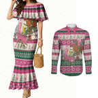 Aussie Galah Christmas Couples Matching Mermaid Dress and Long Sleeve Button Shirt Festive Knitted Pattern Inspired