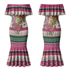 Aussie Galah Christmas Couples Matching Mermaid Dress and Long Sleeve Button Shirt Festive Knitted Pattern Inspired