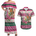 Aussie Galah Christmas Couples Matching Off Shoulder Maxi Dress and Hawaiian Shirt Festive Knitted Pattern Inspired
