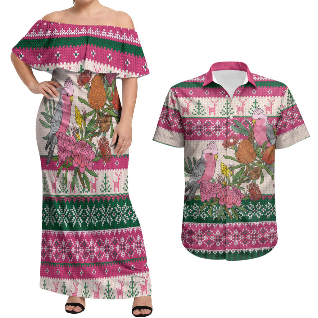 Aussie Galah Christmas Couples Matching Off Shoulder Maxi Dress and Hawaiian Shirt Festive Knitted Pattern Inspired