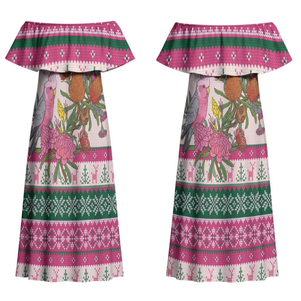 Aussie Galah Christmas Couples Matching Off Shoulder Maxi Dress and Hawaiian Shirt Festive Knitted Pattern Inspired