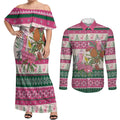 Aussie Galah Christmas Couples Matching Off Shoulder Maxi Dress and Long Sleeve Button Shirt Festive Knitted Pattern Inspired