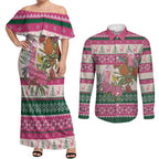 Aussie Galah Christmas Couples Matching Off Shoulder Maxi Dress and Long Sleeve Button Shirt Festive Knitted Pattern Inspired