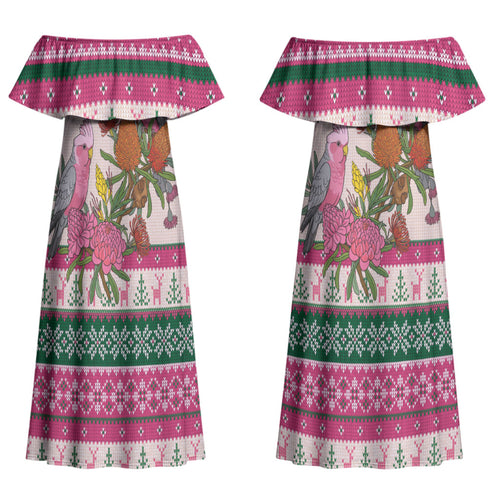 Aussie Galah Christmas Couples Matching Off Shoulder Maxi Dress and Long Sleeve Button Shirt Festive Knitted Pattern Inspired