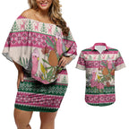 Aussie Galah Christmas Couples Matching Off Shoulder Short Dress and Hawaiian Shirt Festive Knitted Pattern Inspired