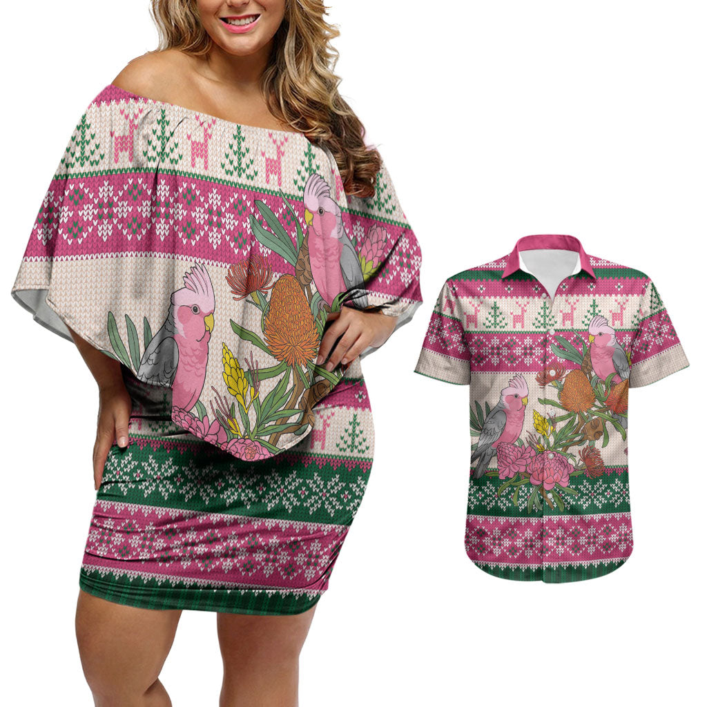 Aussie Galah Christmas Couples Matching Off Shoulder Short Dress and Hawaiian Shirt Festive Knitted Pattern Inspired