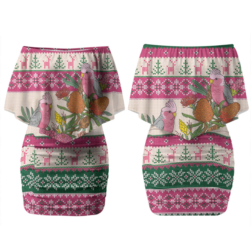 Aussie Galah Christmas Couples Matching Off Shoulder Short Dress and Hawaiian Shirt Festive Knitted Pattern Inspired