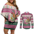 Aussie Galah Christmas Couples Matching Off Shoulder Short Dress and Long Sleeve Button Shirt Festive Knitted Pattern Inspired