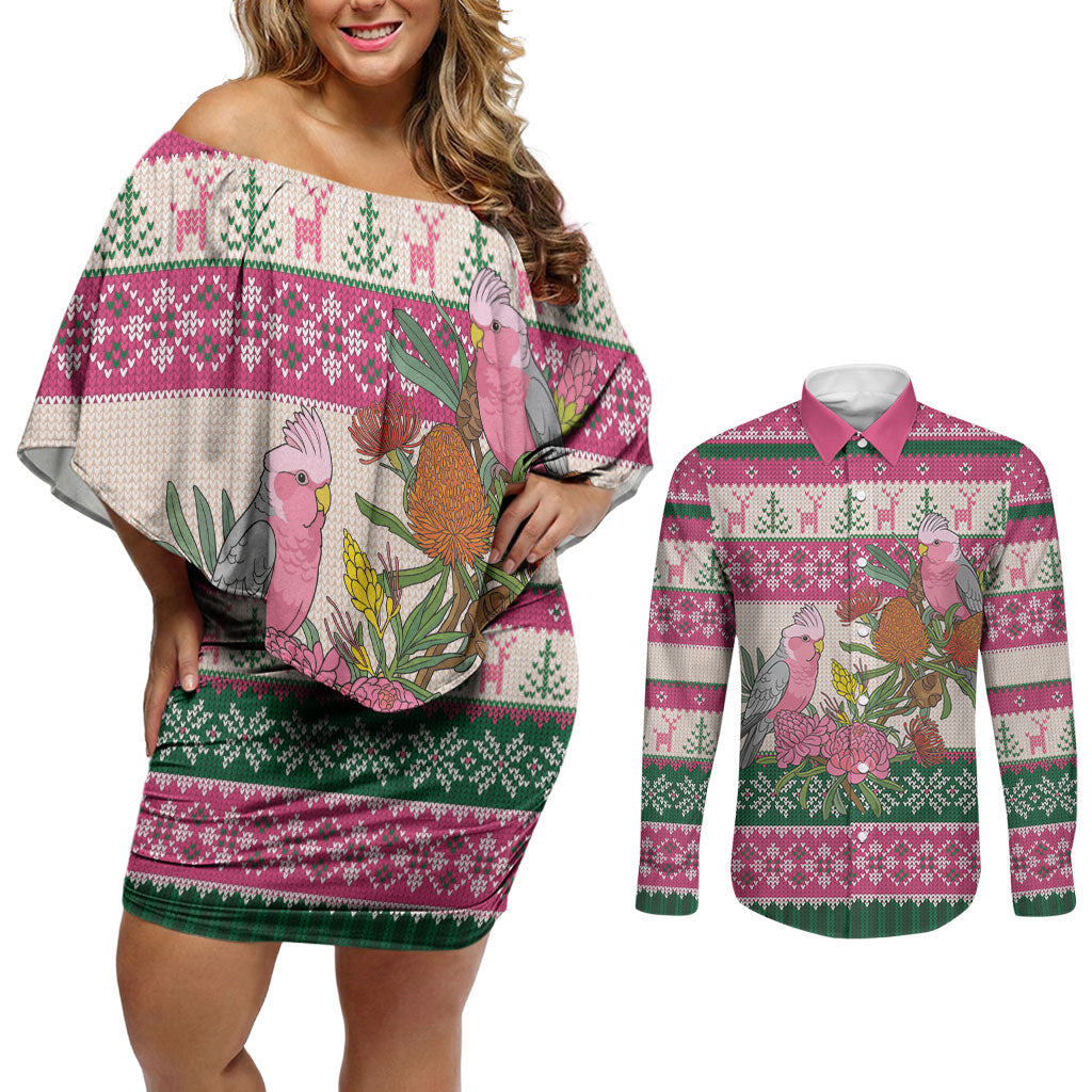 Aussie Galah Christmas Couples Matching Off Shoulder Short Dress and Long Sleeve Button Shirt Festive Knitted Pattern Inspired