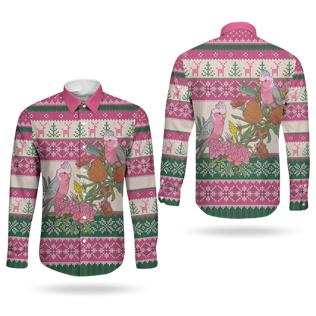 Aussie Galah Christmas Couples Matching Off Shoulder Short Dress and Long Sleeve Button Shirt Festive Knitted Pattern Inspired